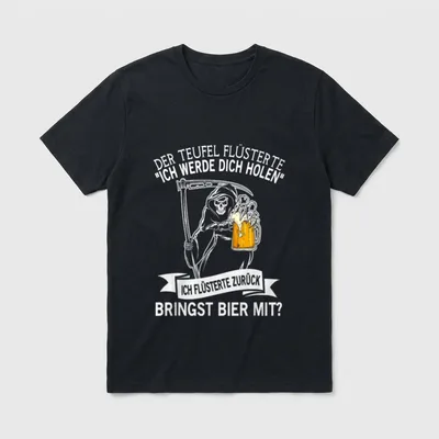 Der Teufel Flüsterte Mir T-Shirt – Sensenmann mit Bierkrug und Spruch über Teufel und Bier – Klassisches T-Shirt in Schwarz