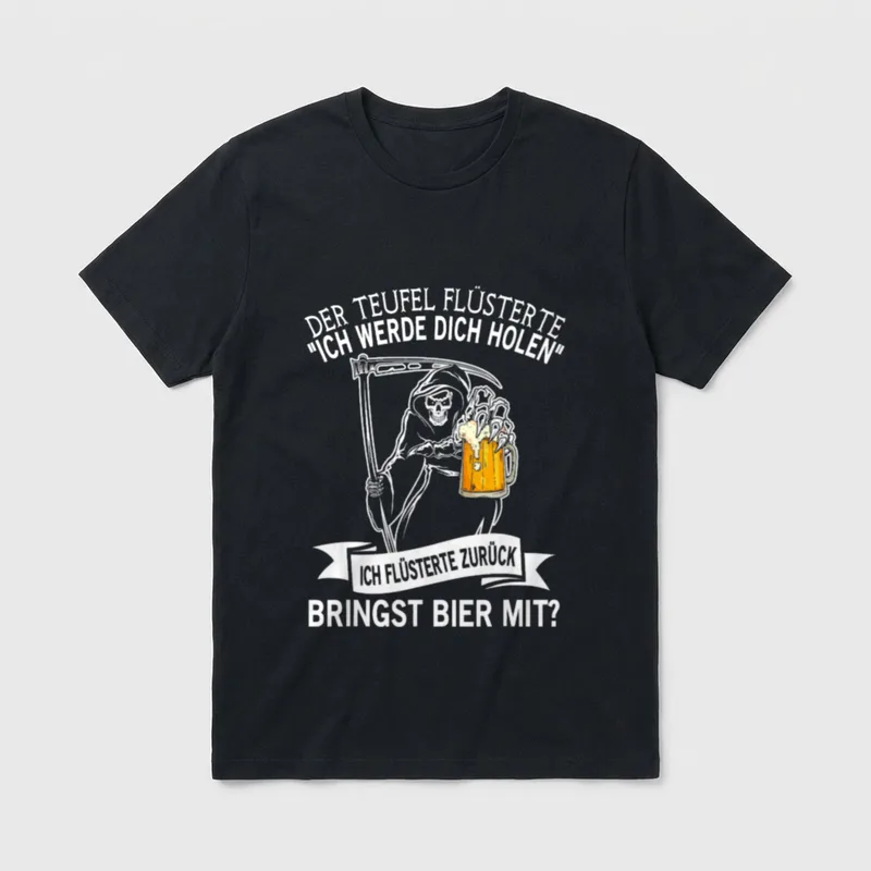 Der Teufel Flüsterte Mir T-Shirt – Sensenmann mit Bierkrug und Spruch über Teufel und Bier – Klassisches T-Shirt in Schwarz