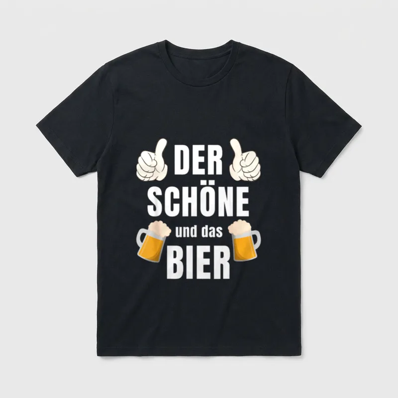 Der Schöne T-Shirt – Schriftzug „Der Schöne und das Bier“ mit Daumen und Bierkrügen – Klassisches T-Shirt in Schwarz