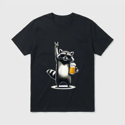 Raccoon Rock On Beer T-Shirt – Waschbär mit Sonnenbrille, Rock-Geste und Bierkrug – Klassisches T-Shirt in Schwarz