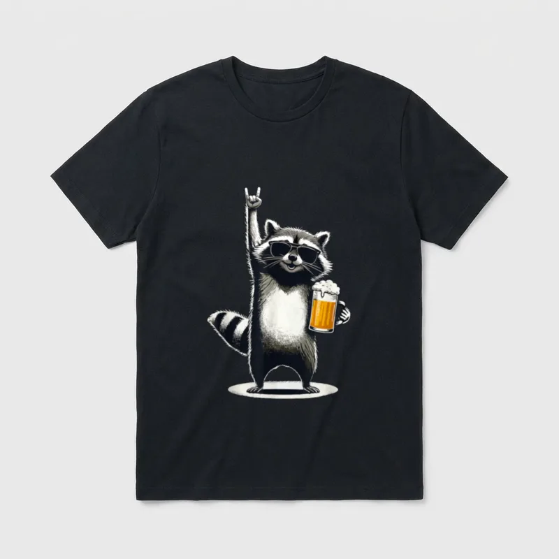 Raccoon Rock On Beer T-Shirt – Waschbär mit Sonnenbrille, Rock-Geste und Bierkrug – Klassisches T-Shirt in Schwarz