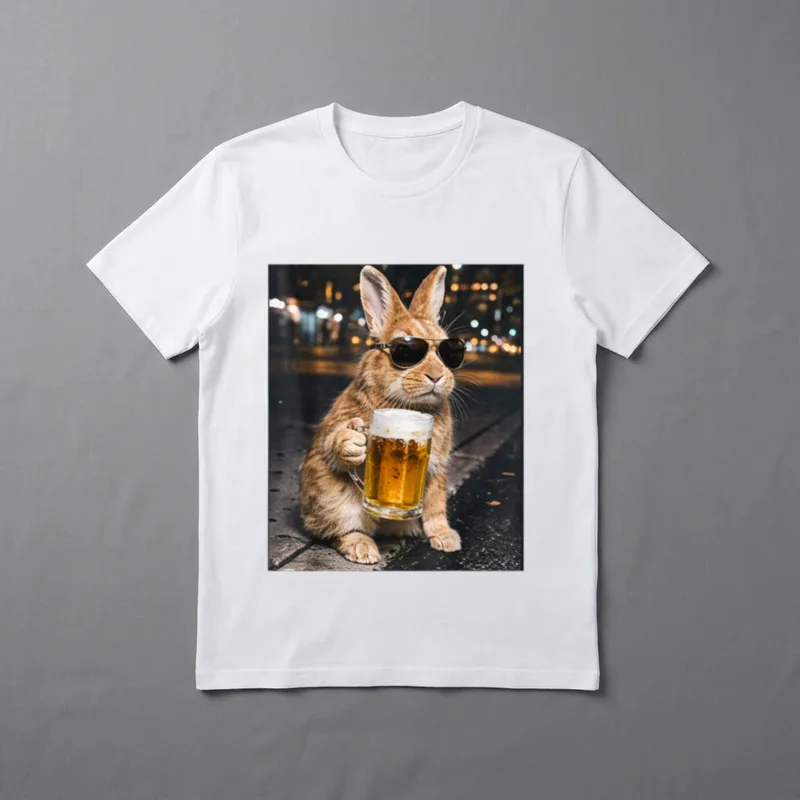 Lustiger Hase trinkt Bier T-Shirt – Hase mit Sonnenbrille hält Bierkrug vor Stadtlichtern – Klassisches T-Shirt in Schwarz