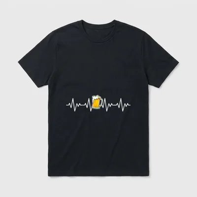 Bier-Herzschlag-lustiges Design T-Shirt – Bierkrug mit Schaum mitten in weißer Pulslinie – Klassisches T-Shirt in Schwarz