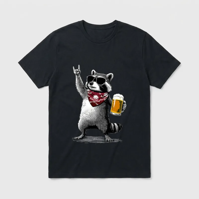 Raccoon Rock On Beer Bar T-Shirt – Klassisches T-Shirt in Schwarz