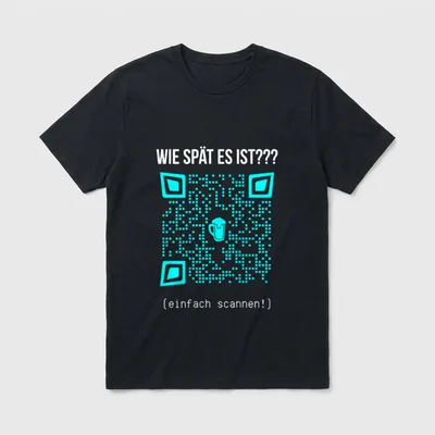 Scan Code Lustiges Bier T-Shirt – QR-Code mit Bierkrug, Text „Wie spät es ist???“ – Klassisches T-Shirt in Schwarz