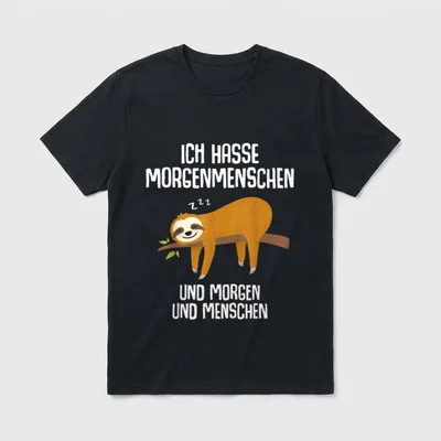 Schlafmütze Büro T-Shirt – Ich hasse Morgenmenschen Text mit schlafendem Faultier auf Ast – Klassisches T-Shirt in Schwarz