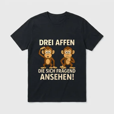 DREI Affen Die Sich T-Shirt – Zwei Affen mit Text „Drei Affen die sich fragend ansehen!“ – Klassisches T-Shirt in Schwarz