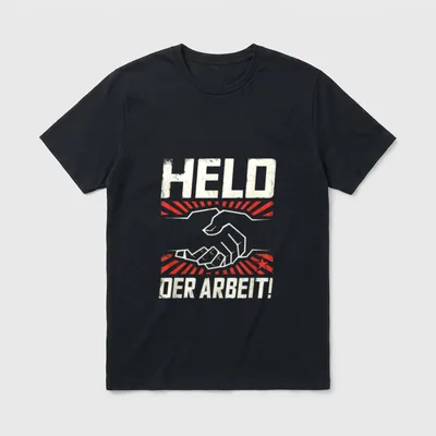 Held Der Arbeit Ostalgie T-Shirt – Schriftzug HELD DER ARBEIT! mit Handschlag und Stern – Klassisches T-Shirt in Schwarz
