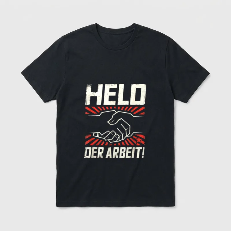 Held Der Arbeit Ostalgie T-Shirt – Schriftzug HELD DER ARBEIT! mit Handschlag und Stern – Klassisches T-Shirt in Schwarz