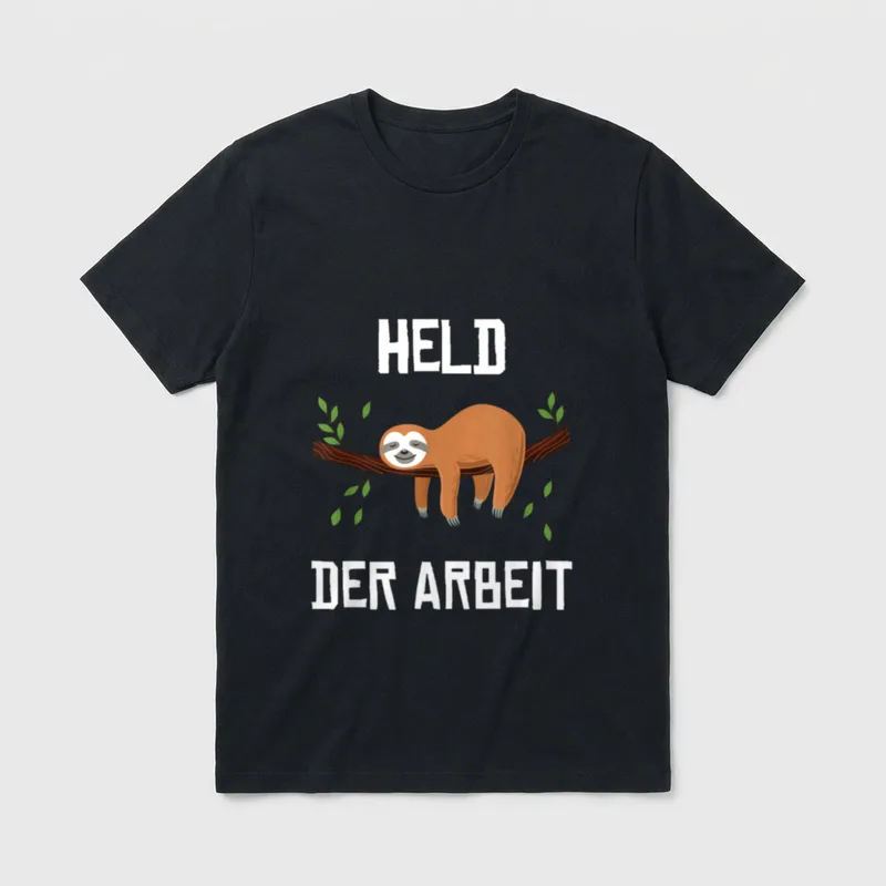 Kollege Baustelle Büro Humor T-Shirt – Held der Arbeit Text mit lächelndem Faultier am Ast – Klassisches T-Shirt in Schwarz