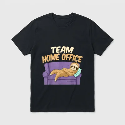 Team Home Office Büro T-Shirt – Faultier liegt auf lila Sofa, Schriftzug „Team Home Office“ – Klassisches T-Shirt in Schwarz