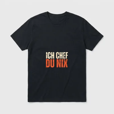 Sarkasmus Spruch Ich Chef T-Shirt – Schriftzug „Ich Chef Du Nix“ in beige und orange – Klassisches T-Shirt in Schwarz