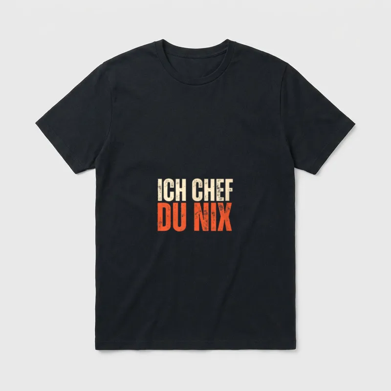 Sarkasmus Spruch Ich Chef T-Shirt – Schriftzug „Ich Chef Du Nix“ in beige und orange – Klassisches T-Shirt in Schwarz