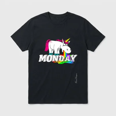 Ich hasse Montag. Süßes T-Shirt – Weißes Einhorn kotzt Regenbogen über den Schriftzug MONDAY – Klassisches T-Shirt in Schwarz