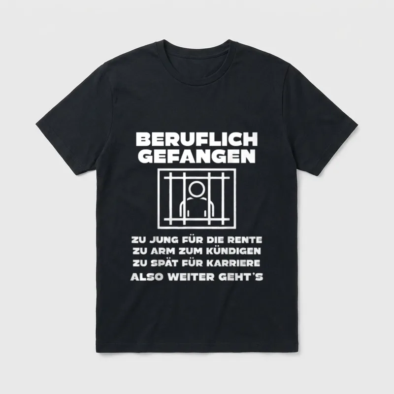 Büro & Job Kollegen T-Shirt – Gitterfigur mit Spruch „Beruflich gefangen“, vier Zeilen Text – Klassisches T-Shirt in Schwarz