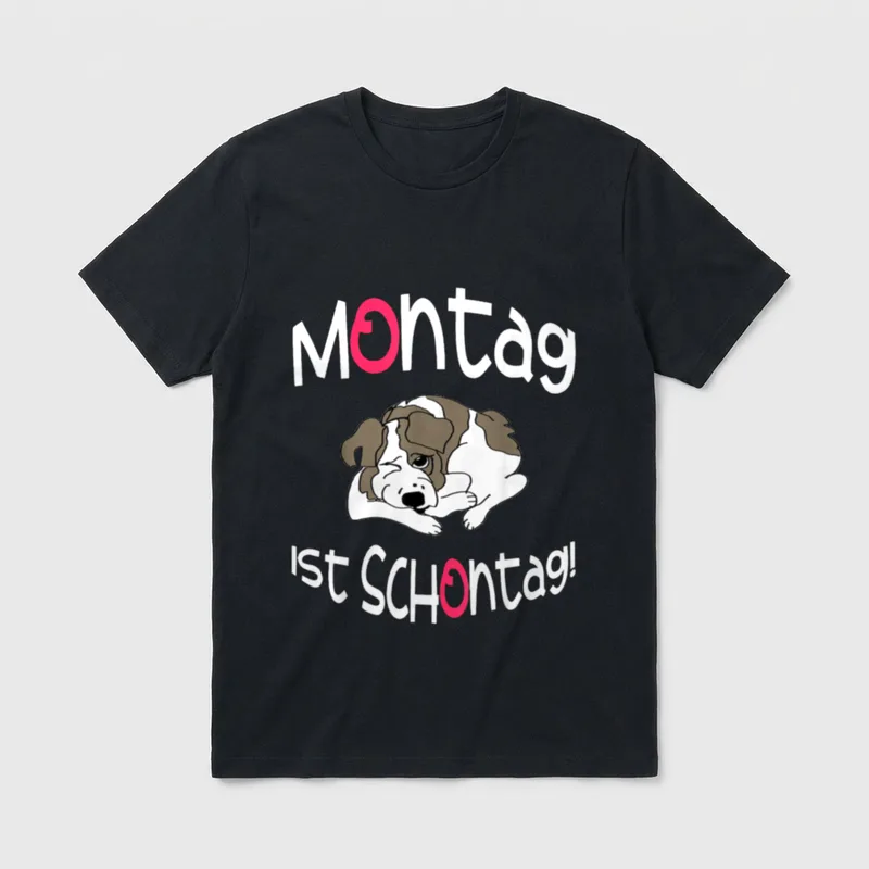 Lustiges Sprüchemotiv mit faulem T-Shirt – Müder Hund liegend, Spruch „Montag ist Schontag!“ – Klassisches T-Shirt in Schwarz