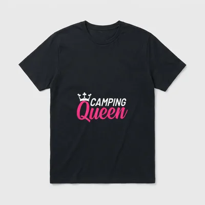 Camping T-Shirt Männer – Schriftzug „Camping Queen“ mit weißer Krone – Klassisches T-Shirt in Schwarz
