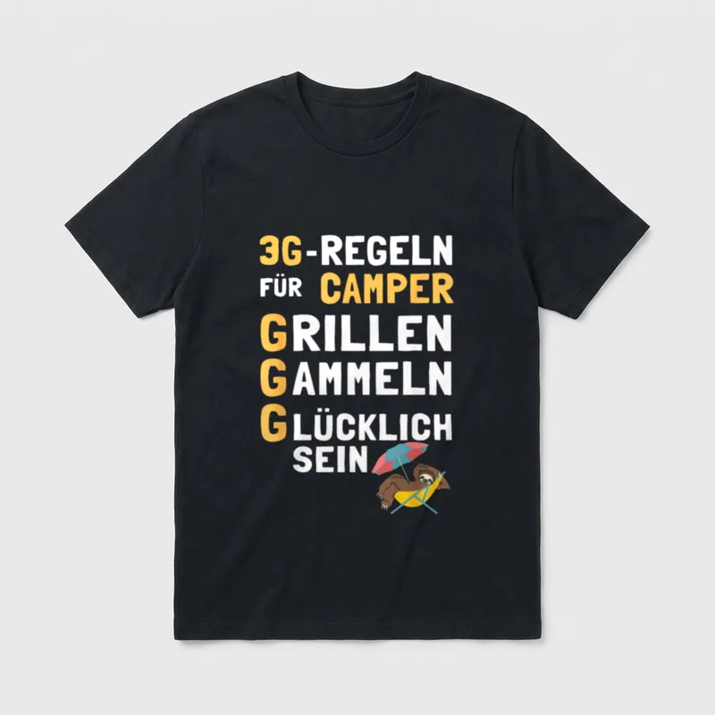 Retro Camping Shirt – „3G-Regeln für Camper: Grillen Gammeln Glücklich sein“ mit Faultier – Klassisches T-Shirt in Schwarz