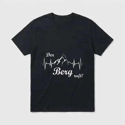 T-Shirt Sprüche Wandern – Bergsilhouette in EKG-Linie, Schriftzug „Der Berg ruft!“ – Klassisches T-Shirt in Schwarz