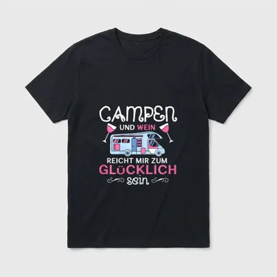 Lustige Frauen Camping T-Shirt – Wohnmobil zwischen Weingläsern, Spruch Campen und Wein – Klassisches T-Shirt in Schwarz