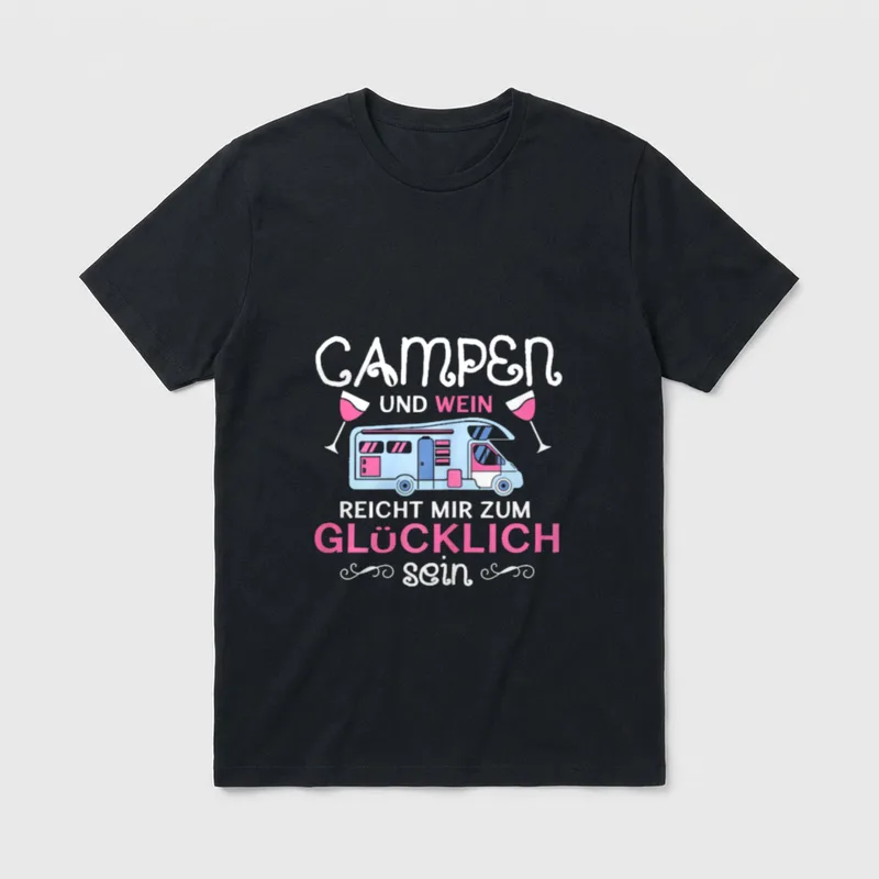 Lustige Frauen Camping T-Shirt – Wohnmobil zwischen Weingläsern, Spruch Campen und Wein – Klassisches T-Shirt in Schwarz