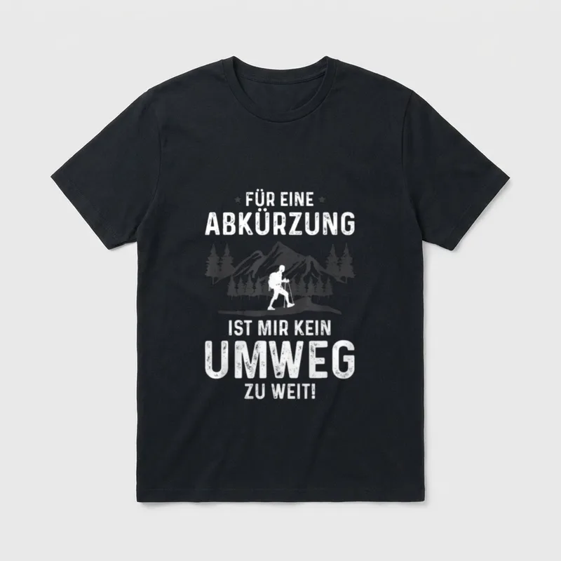 Wandern Für Eine Abkürzung T-Shirt – Wanderer vor Berg mit Spruch „Kein Umweg zu weit“ – Klassisches T-Shirt in Schwarz