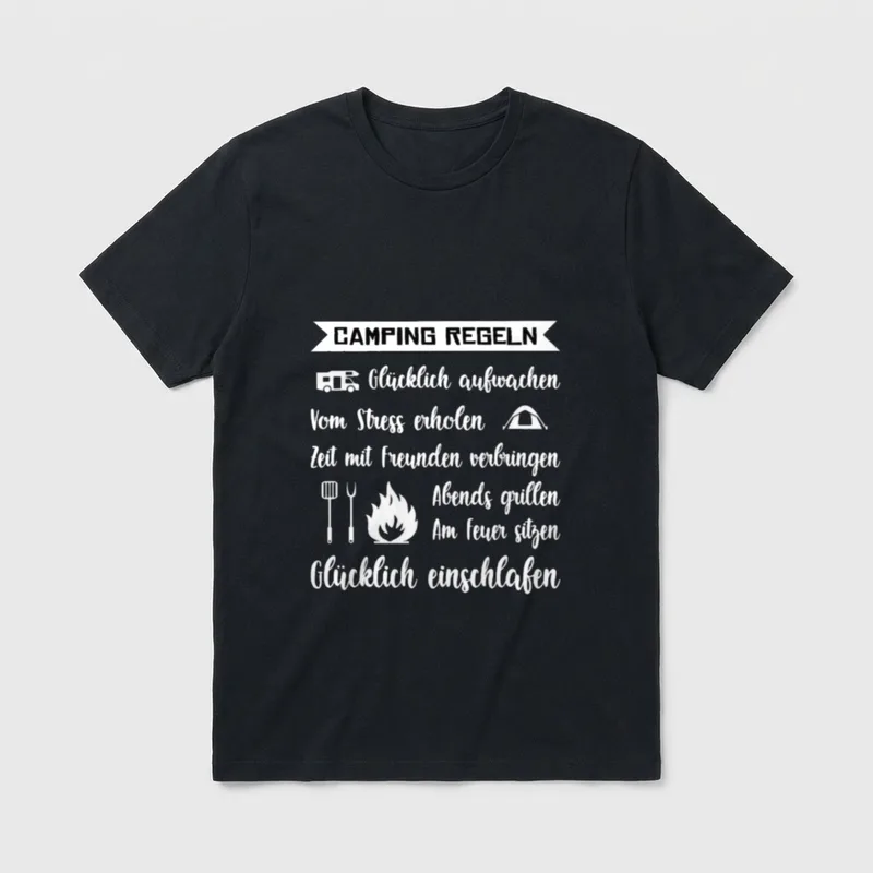 Camping Regeln lustiges T-Shirt – Banner „Camping Regeln“, Liste mit Wohnmobil, Zelt, Feuer – Klassisches T-Shirt in Schwarz