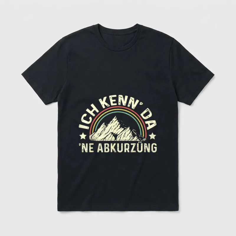 Ich Kenn Da Ne Abkürzung T-Shirt – Schriftzug über Berg und Regenbogen im Retro-Stil – Klassisches T-Shirt in Schwarz