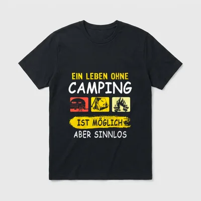 Camping Sprüche Wohnwagen Zelt T-Shirt – Schriftzug mit Wohnwagen, Zelt, Lagerfeuer-Icons – Klassisches T-Shirt in Schwarz