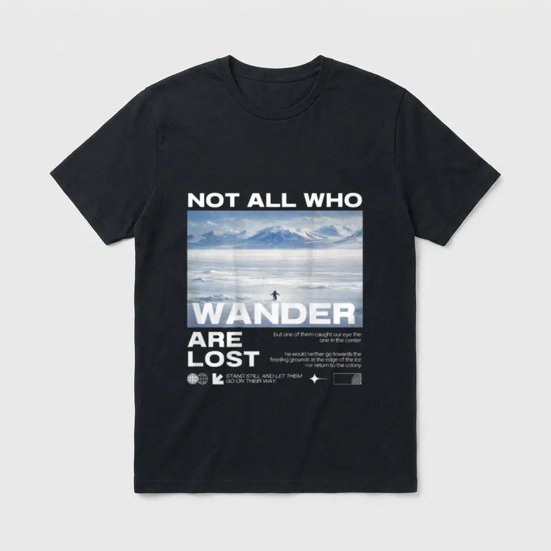Pinguin Meme But Why T-Shirt – Pinguin im Eis vor Bergen, Spruch über Wandern und Zögern – Klassisches T-Shirt in Schwarz