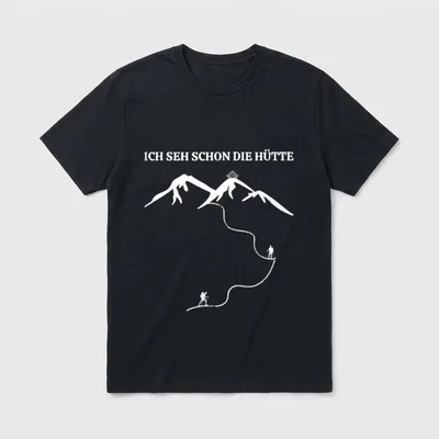 Ich seh schon T-Shirt – Ichseh schon die Hütte Text mit Wanderern und Berggipfel Skizze – Klassisches T-Shirt in Schwarz