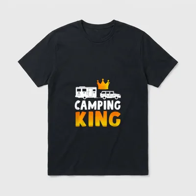 Camping King Lustiger Camper T-Shirt – Wohnmobil, Geländewagen und Krone über „Camping King“ – Klassisches T-Shirt in Schwarz