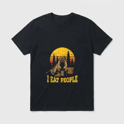 I Eat People Lustiges T-Shirt – Bär am Lagerfeuer, Schriftzug I Eat People, Sonnenkreis – Klassisches T-Shirt in Schwarz