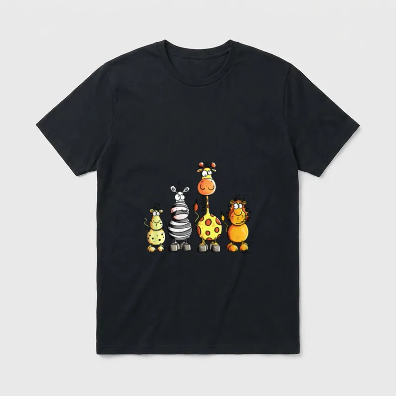 MODARTIS Lustige Comic Zoo T-Shirt – Vier Comic-Tiere: Fleckentier, Zebra, Giraffe, Löwe – Klassisches T-Shirt in Schwarz