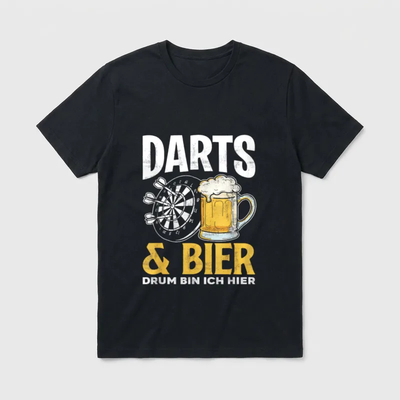 Darts Und Bier Drum T-Shirt – Dartscheibe mit Pfeilen und Bierkrug, Spruch „Darts & Bier“ – Klassisches T-Shirt in Schwarz
