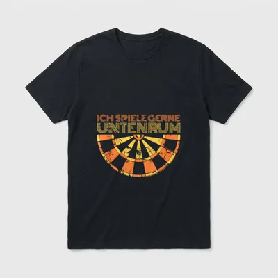 Darts Spruch Ich Spiele T-Shirt – Spruch „Ich spiele gerne untenrum“ über halber Dartscheibe – Klassisches T-Shirt in Schwarz