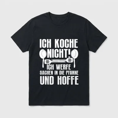 Ich Koche Nicht Lustig T-Shirt – Zwei Pfannen, Pfannenwender, Spruch über planloses Kochen – Klassisches T-Shirt in Schwarz