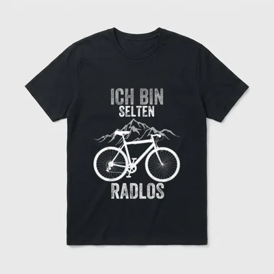 Retro Fahrrad Shirt – Schriftzug „Ich bin selten Radlos“ über Fahrrad und Bergen – Klassisches T-Shirt in Schwarz