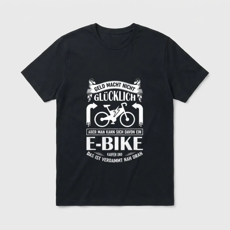 E-Bike Fahrrad E Bike T-Shirt – E-Bike-Symbol mit Blitz und Spruch zu Geld und Glück – Klassisches T-Shirt in Schwarz