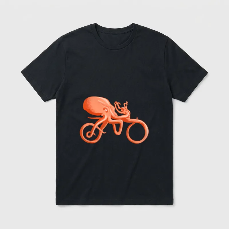 Fahrrad Octopus T-Shirt – Oktopus fährt auf einem Rennrad, Umrisszeichnung in Orange – Klassisches T-Shirt in Schwarz