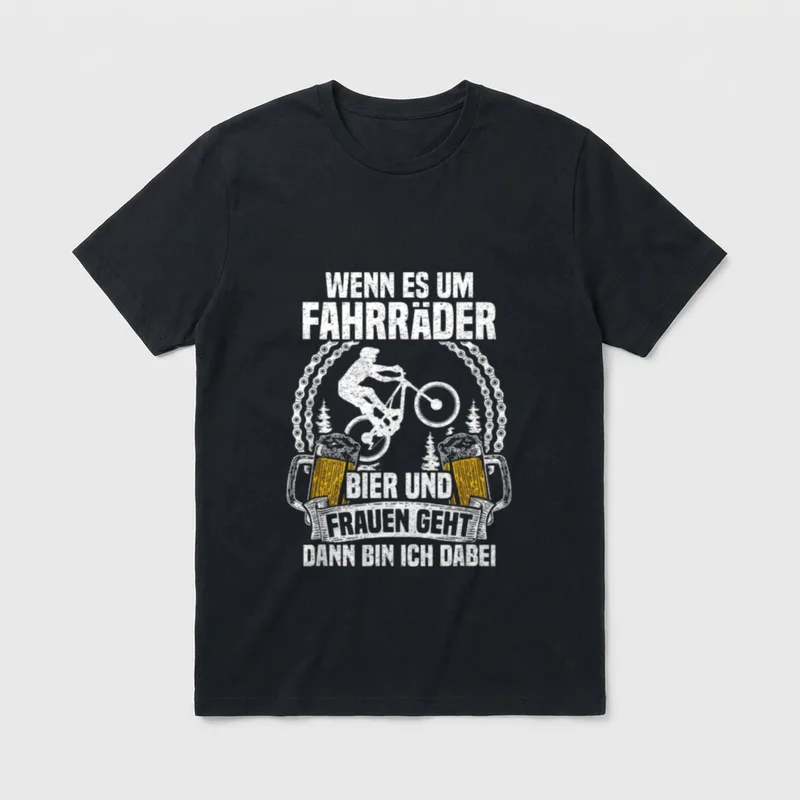 Wenn es um Fahrräder T-Shirt – Mountainbiker im Kettenkreis mit Bierkrügen und Spruch – Klassisches T-Shirt in Schwarz