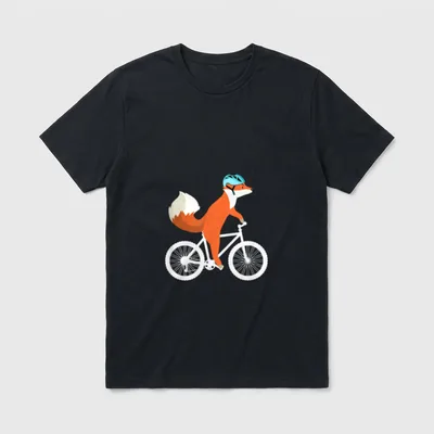 Lustiges Fahrrad Rad Rennrad T-Shirt – Fuchs mit türkisem Helm auf weißem Mountainbike – Klassisches T-Shirt in Schwarz
