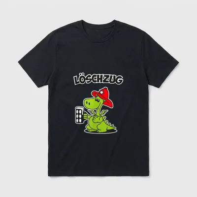 Feuerwehr T-Shirt Damen – Grüner Drache mit Feuerwehrhut und Bierkrug, Schriftzug Löschzug – Klassisches T-Shirt in Schwarz