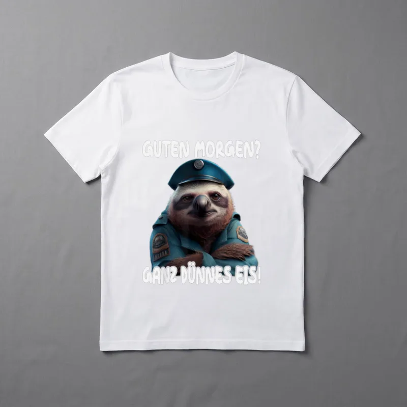 Polizei Faultier Polizist Spruch T-Shirt – Faultier als Polizist, Spruch „Ganz dünnes Eis!“ – Klassisches T-Shirt in Schwarz