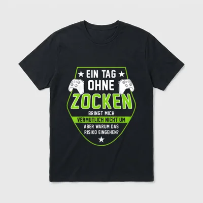 Gamer Ein Tag T-Shirt – Wappen mit Controllern, Spruch über einen Tag ohne Zocken – Klassisches T-Shirt in Schwarz