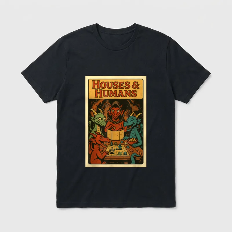 Houses and Humans Lustiger T-Shirt – Houses & Humans: drei Drachen und Dämon am Spieltisch – Klassisches T-Shirt in Schwarz