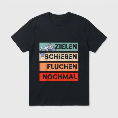 Zocken Lustig RPG Gaming T-Shirt – Controller und Schriftzug Zielen Schießen Fluchen Nochmal – Klassisches T-Shirt in Schwarz