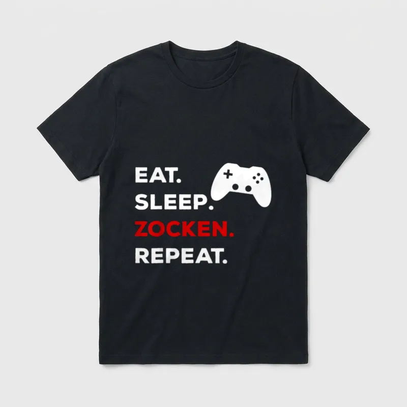 Gamer Zocker Nerd Teenager T-Shirt – Schriftzug „Eat. Sleep. Zocken. Repeat.“ mit Controller – Klassisches T-Shirt in Schwarz