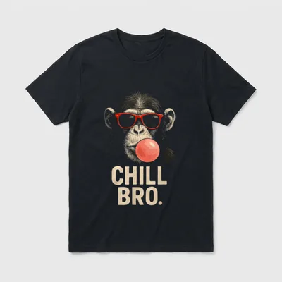 Chill Bro T-Shirt – Affe mit roter Sonnenbrille bläst Gummiball neben CHILL BRO. Text – Klassisches T-Shirt in Schwarz