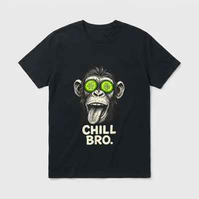 Chill Bro Gamer T-Shirt – Affe mit Gurkenscheiben über den Augen und Text CHILL BRO – Klassisches T-Shirt in Schwarz